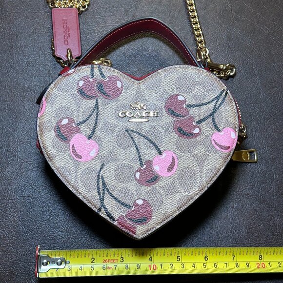 COACH Heart Crossbody Bag Signature Cherry Print Canvas CY706 Tan and Red - Picture 13 of 16